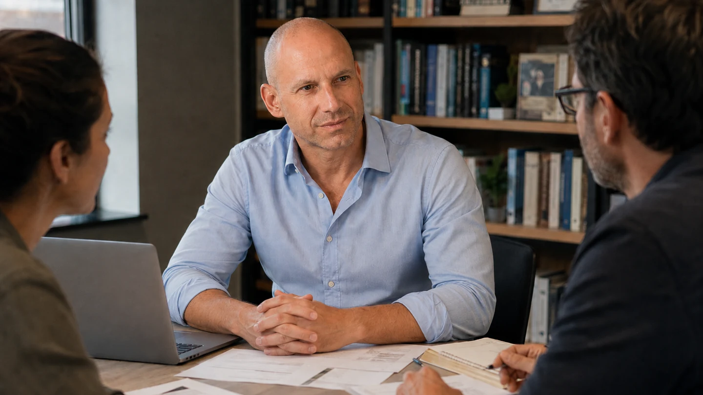 Dov Smith listening in a working meeting with two colleagues