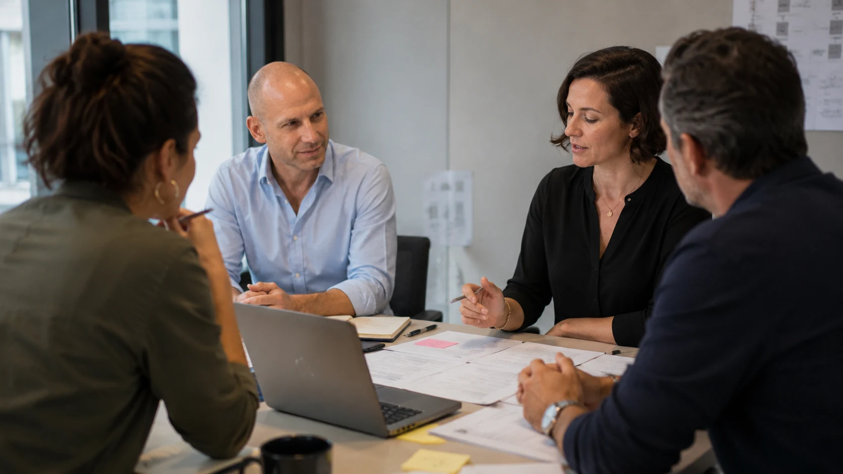 A small working session with Dov Smith and a client team reviewing documents around a table