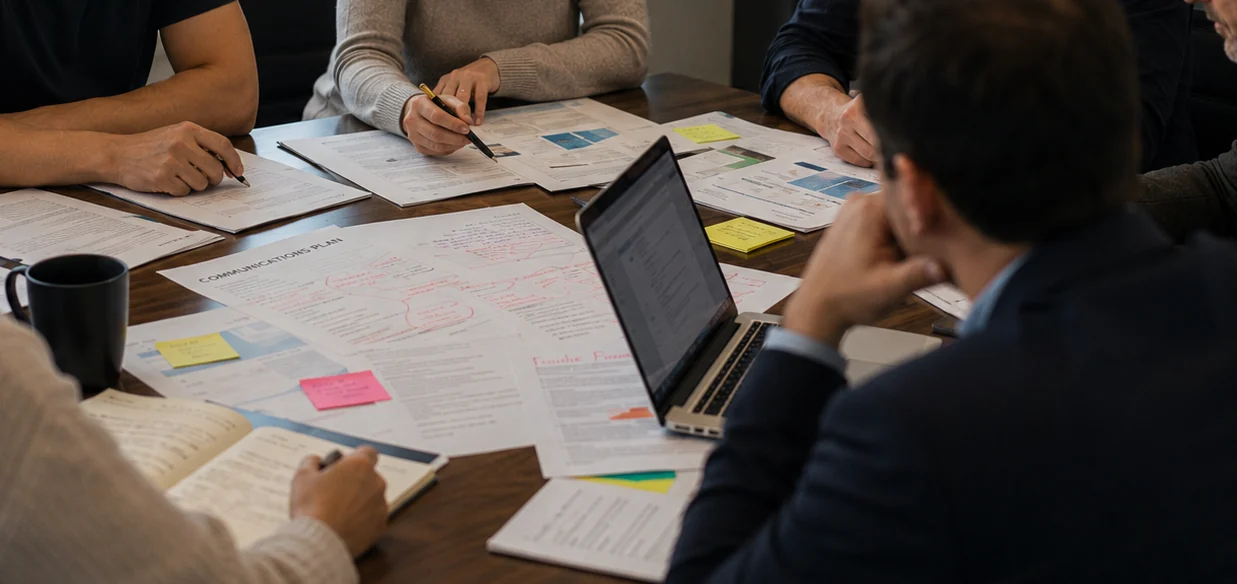 Briefing notes, a laptop and communications planning materials on a working table