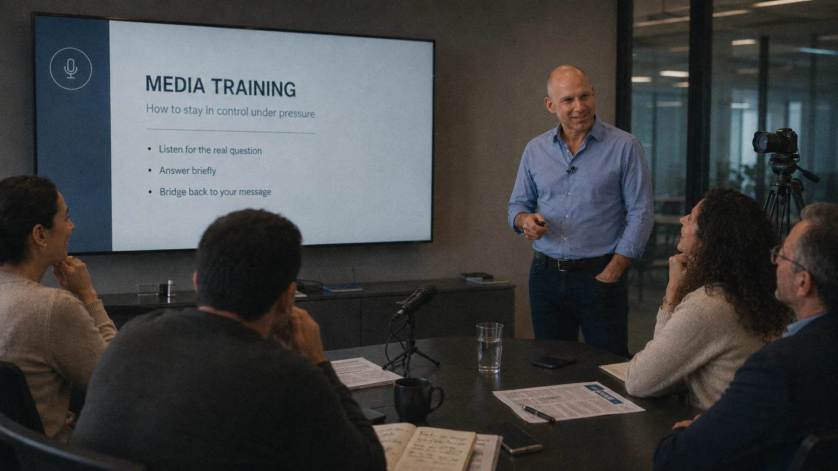 Dov Smith leading a media training session with participants, a camera and a presentation slide