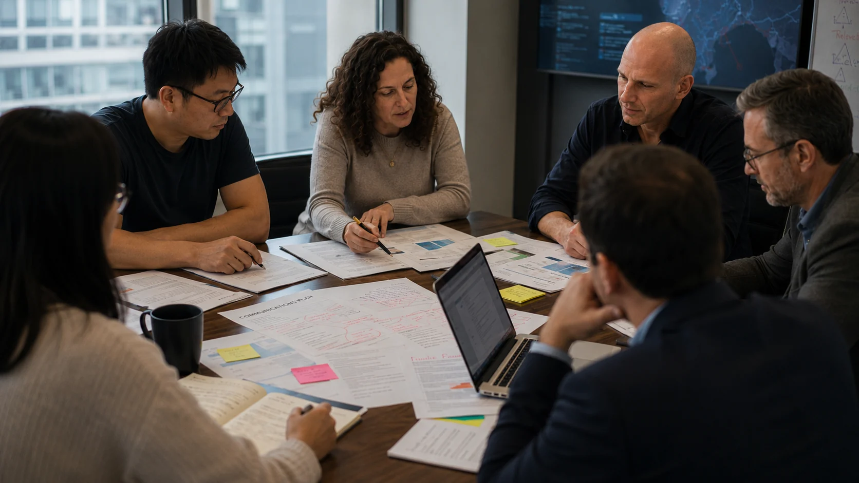 A communications working session with Dov Smith and colleagues reviewing briefing materials
